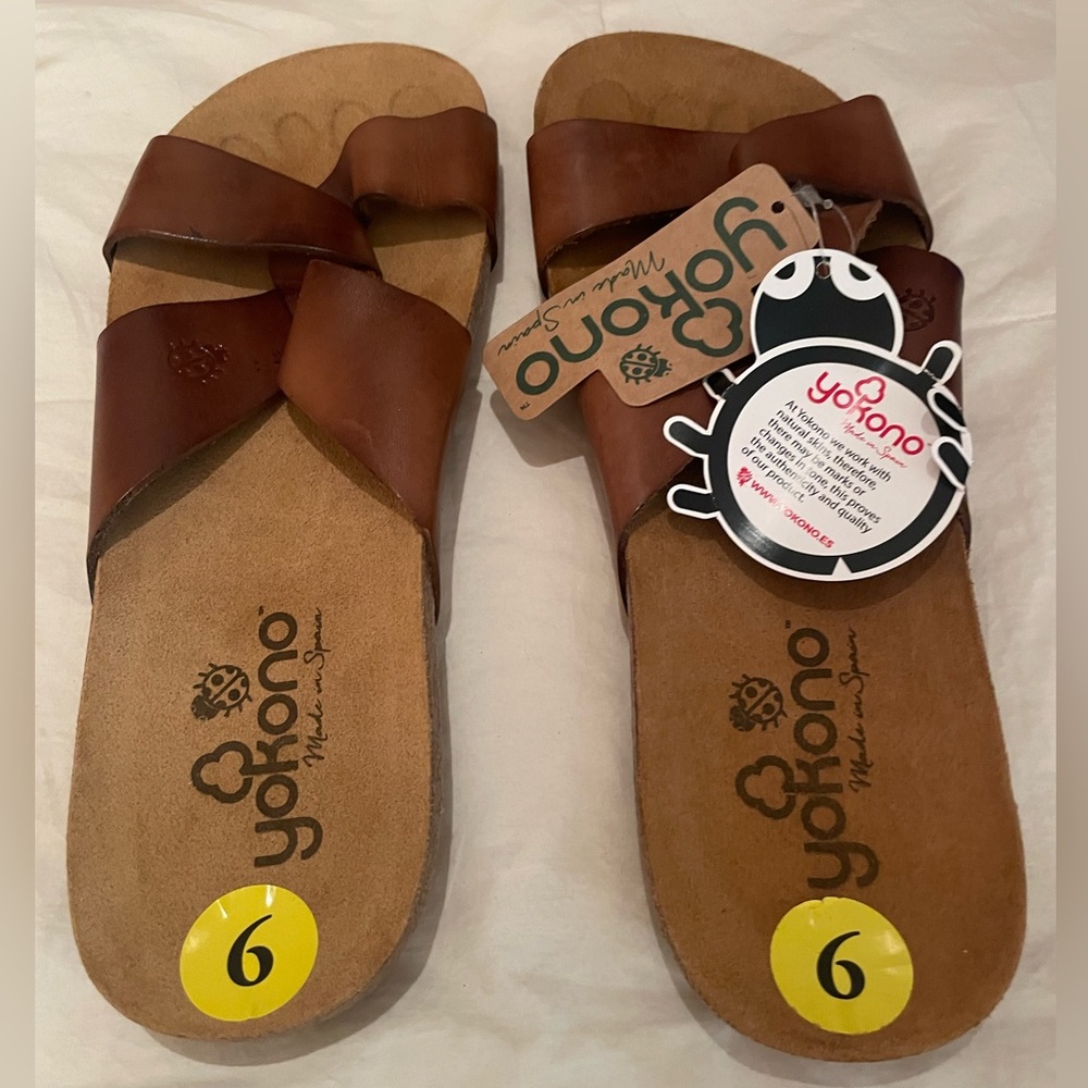 Yokono Twist Leather Brown Sandals Slip-On Slides Shoes